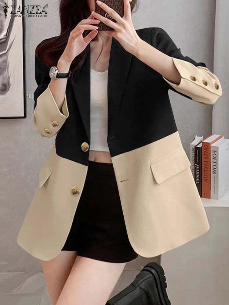 Fashion Women Blazer ZANZEA Autumn Elegant OL Work Suits Stylish Long Sleeve Contrast Color Jackets Casual Officewear Blazer