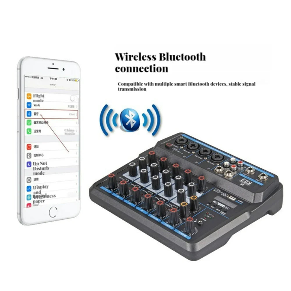 USB 6 Channel Audio Mixer Audio DJ Mixer Digital Sound Board Console with Sound Card Bluetooth 48V Phantom Power DJ Equipment