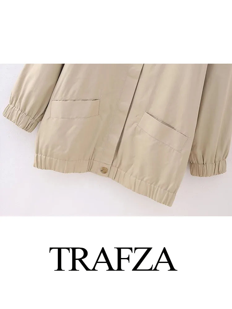 TRAFZA Spring Fashion Women Jacket Solid Turn-Down Collar Long Sleeves Pocket Single Breasted Female Street Style Loose Coats