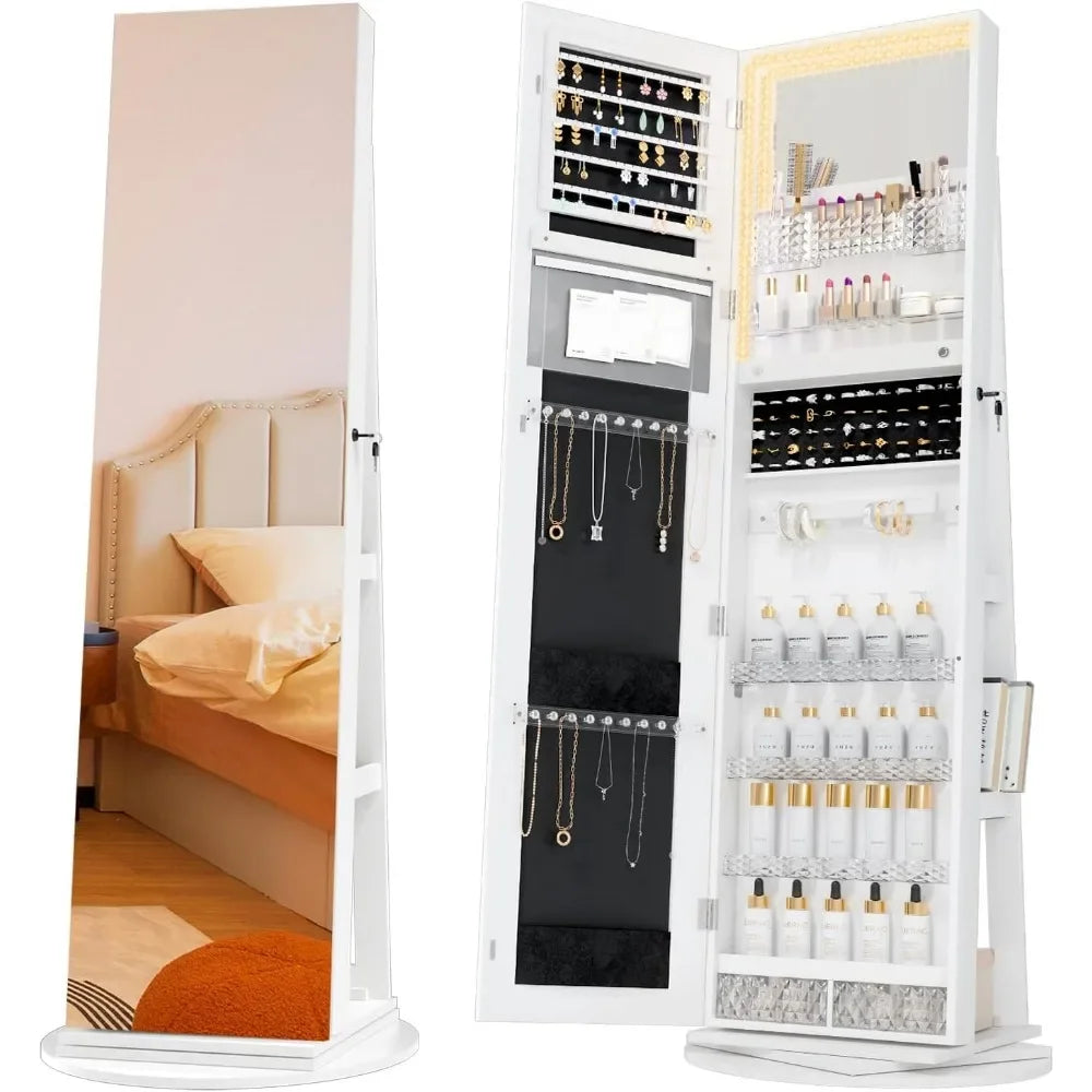 Mirror Jewelry Cabinet Standing 360° Swivel Jewelry Armoire with 3 Color LED Lights  Lockable Jewelry Organizer