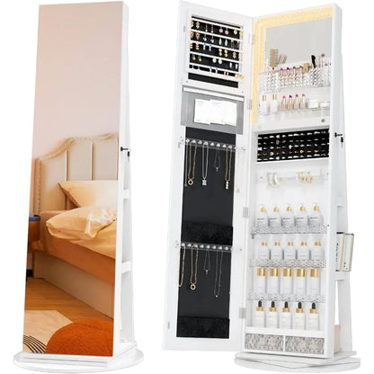 Mirror Jewelry Cabinet Standing 360° Swivel Jewelry Armoire with 3 Color LED Lights  Lockable Jewelry Organizer