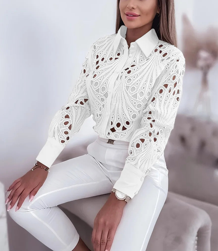 Fashion New Lace Hollow Long Sleeve Shirt Tops For Women Spring Autumn Lapel Elegant Office Lady Blouse Top Casual Button Shirts