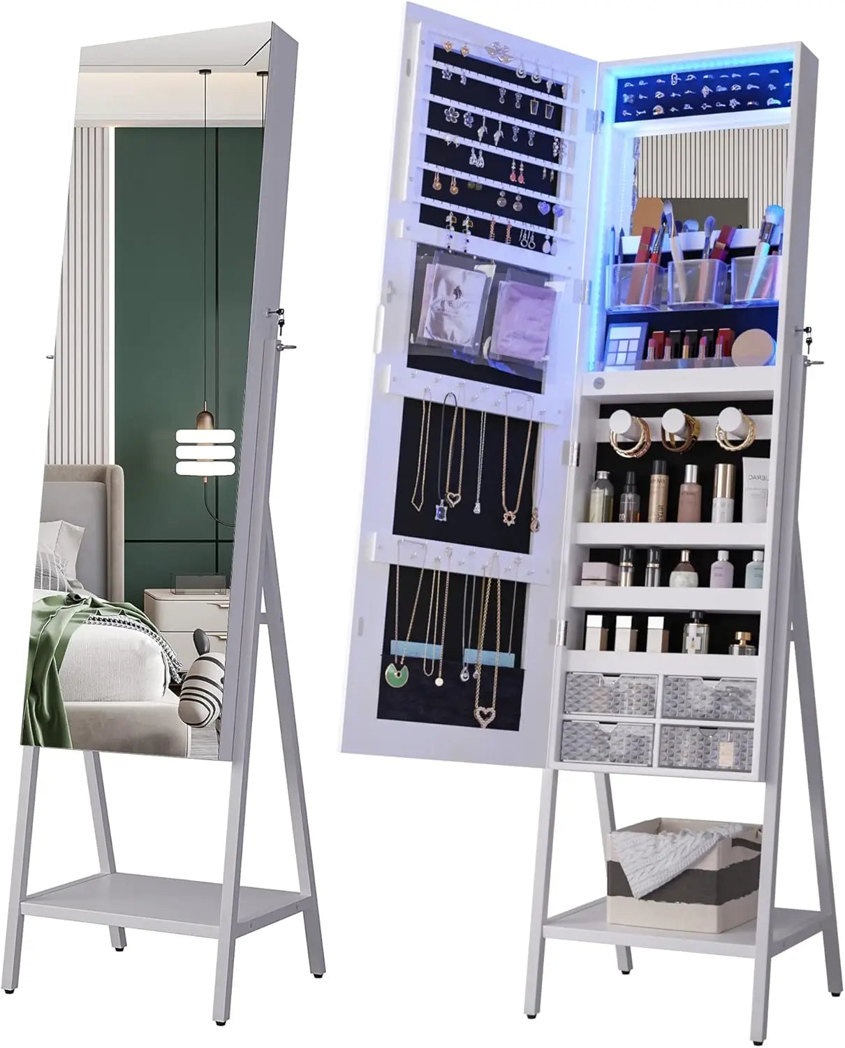 RGB LED Mirror Jewelry Cabinet,Standing Jewelry Armoire Organizer Full Length Mirror with Storage, Lockable Jewelry Mirror