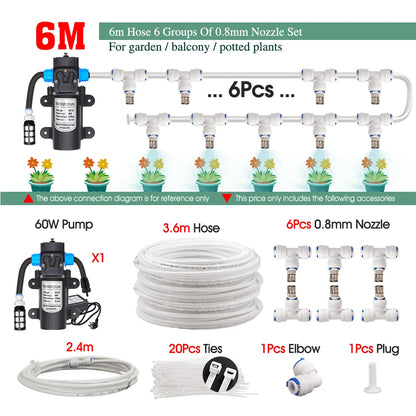 White 1/4" PE Hose 0.8mm 60W Self-Priming Pump Garden Misting Watering Irrigation Kits System Greenhouse Timer Automatic Sprayer