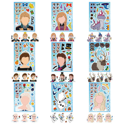 8/16sheets Disney Frozen Anime Puzzle Stickers Make Princess Elsa Anna Face Cartoon Game Kids Decal Assemble Jigsaw Children Toy