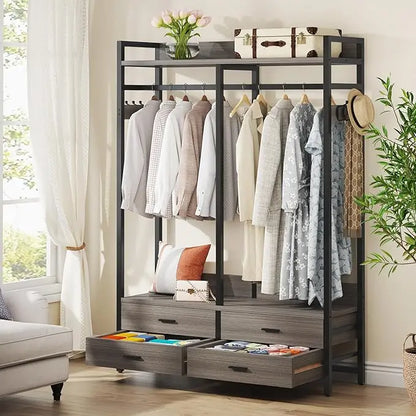 Freestanding Closet Organizer for Hanging Clothes, Heavy Duty Garment Rack with 4 Drawers, 8 Hooks and Storage Shelves