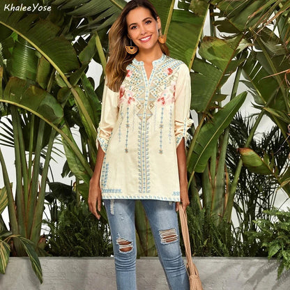 KHALEE YOSE Vintage Floral Embroidery Blouses Shirt Boho Mexican Shirts Autumn Long Sleeve 2xl 3xl Ethnic Hippie Woman Tops