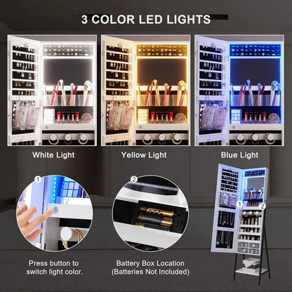 RGB LED Mirror Jewelry Cabinet,Standing Jewelry Armoire Organizer Full Length Mirror with Storage, Lockable Jewelry Mirror