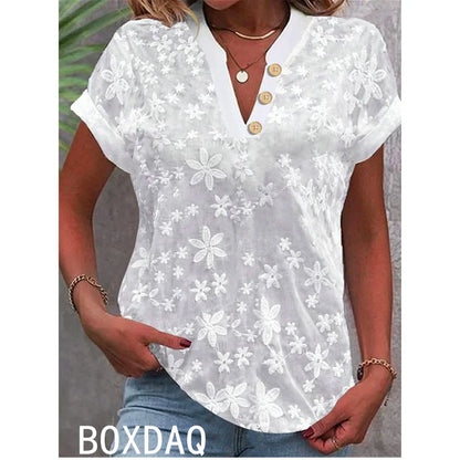 Fashion Women Beach Party Simple Shirt Fashion Solid Color V-neck Short Sleeved Casual Blouse Tops Summer New Office Lady Blouse