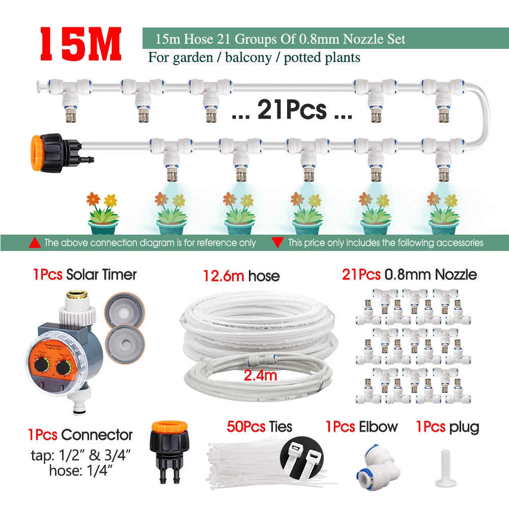 White 1/4" PE Hose 0.8mm 60W Self-Priming Pump Garden Misting Watering Irrigation Kits System Greenhouse Timer Automatic Sprayer