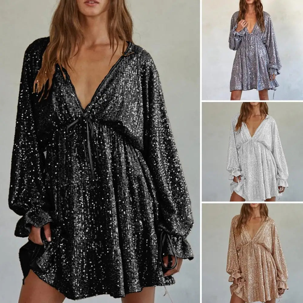 V-neck Dress Loose Fit Dress Sequin Shimmering V Neck Party Dress with Lace-up Strap Look Elegant Clubwear for Women Long Sleeve