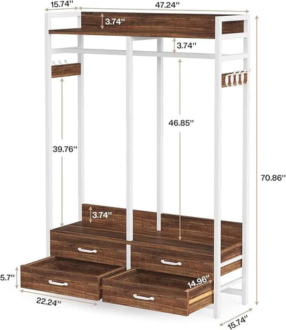 Freestanding Closet Organizer for Hanging Clothes, Heavy Duty Garment Rack with 4 Drawers, 8 Hooks and Storage Shelves