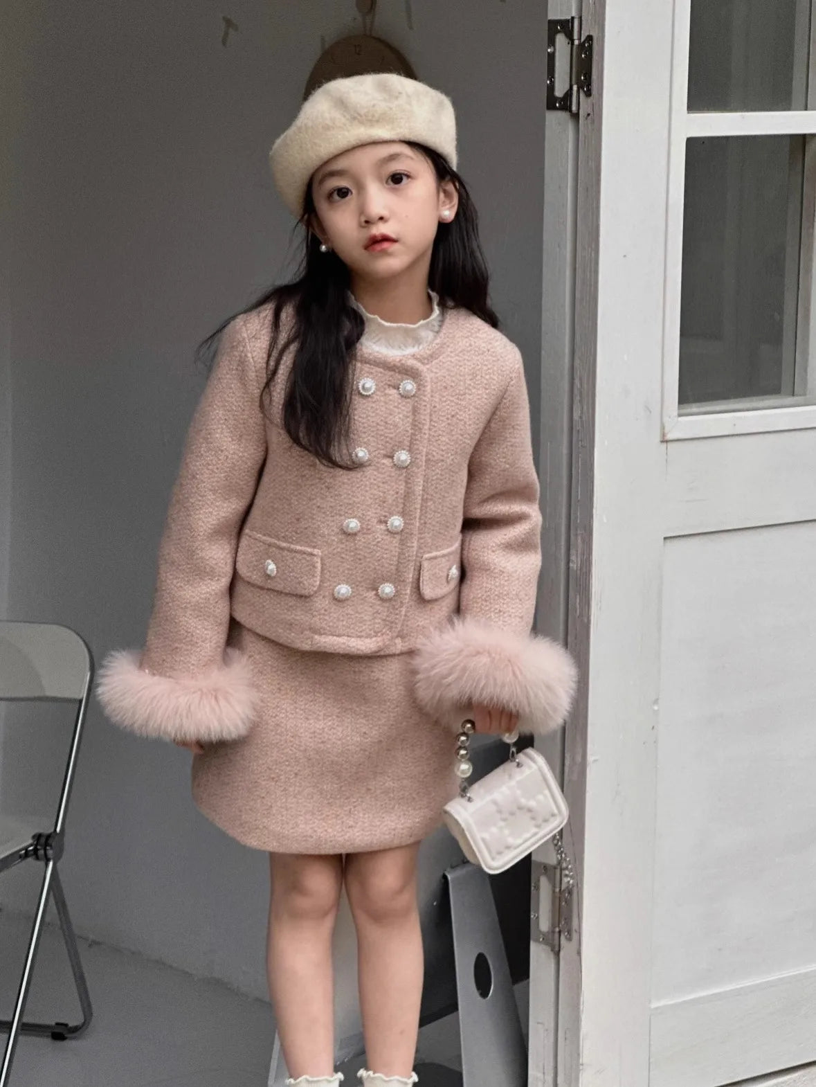 design Autumn Winter baby Girl Clothes Set Fur cuff round neck coarse woolen cotton jacket+skirt 2pcs christmas kid suit outfits