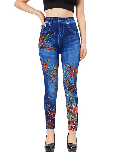 CUHAKCI Flame Flower Print Slim Fit Blue Jeggings Women's Casual  Pencil Pants Elastic Fake Pocket Jeans Workout Yoga Leggings