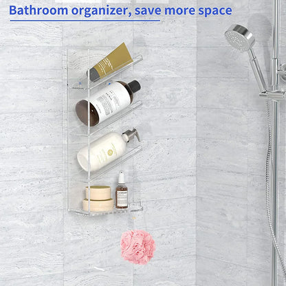 Rust Proof Wall Mounted No Drilling Adhesive Acrylic Bathroom Shower Caddy Shampoo Holder Organizer Shelf With Hooks