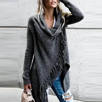 Women Knitted Warm Sweater Winter Cardigans Long Sleeve Tassel Fringe Shawl Poncho Oversized Cardigan