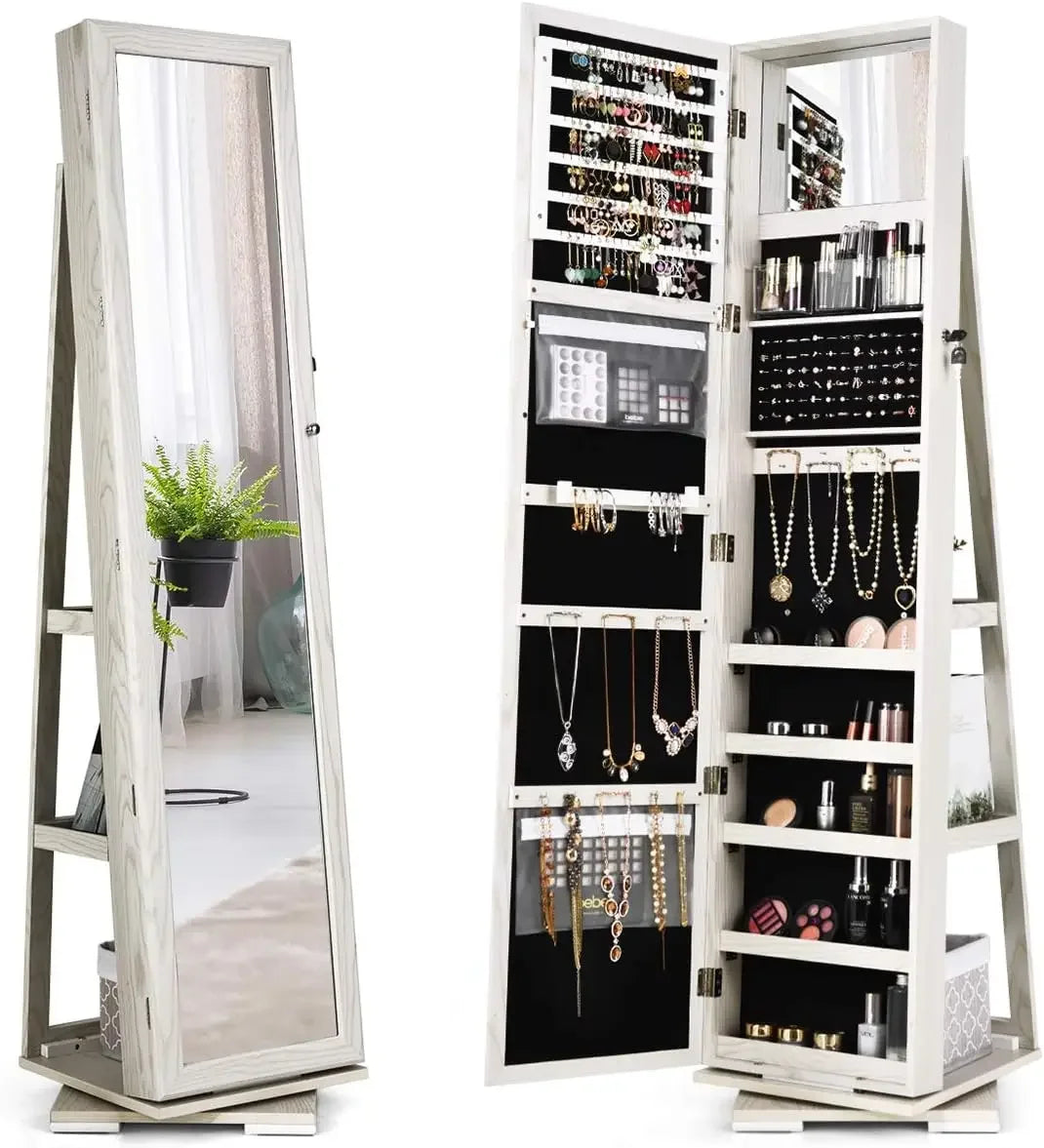 360° Swivel Jewelry Armoire with Higher Full Length Inside Makeup Mirror, Standing Lockable Cabinet Organizer, Large Capacity, B