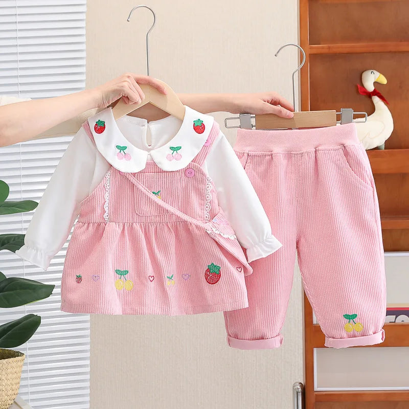 Kids Baby Girl Boutique Clothes 2024 Spring Fruit Suspender Skirts + White T-shirts + Pants Toddler Girls Outfits Children's Set