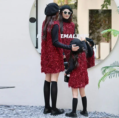 2025 Mother Daughter Warm SleevelessFashion Mommy and Me One Piece Clothes Dress Shiny Winter Mom Baby Girl Thick Dresses