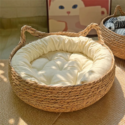 Cozy Cat Dog Bed Summer Cat Scratching Board Rattan Washable Cat Supplies Woven Removable Cushion 35cm