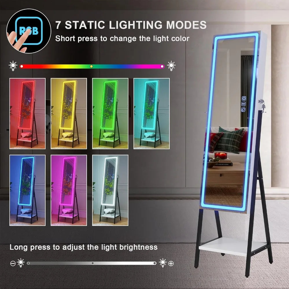 RGB LED Mirror Jewelry Cabinet,Standing Jewelry Armoire Organizer Full Length Mirror with Storage, Lockable Jewelry Mirror