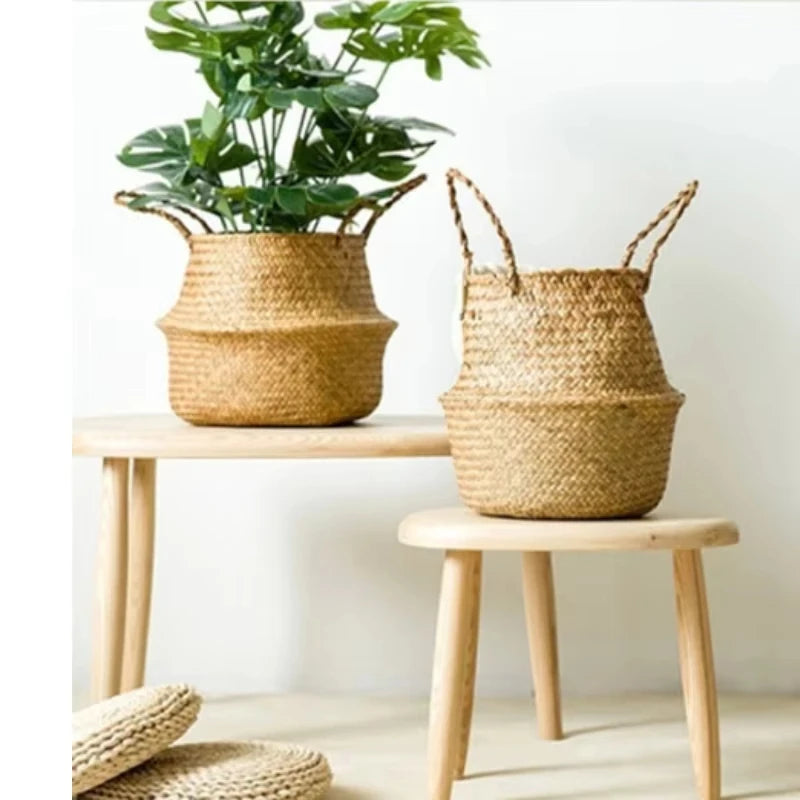 2024 Grass Handmade Weaving Storage Basket Flower Pot Handheld Vegetable Basket Hand Jacquard Pot Cover Home Decoration