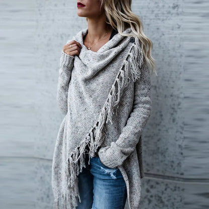 Women Knitted Warm Sweater Winter Cardigans Long Sleeve Tassel Fringe Shawl Poncho Oversized Cardigan