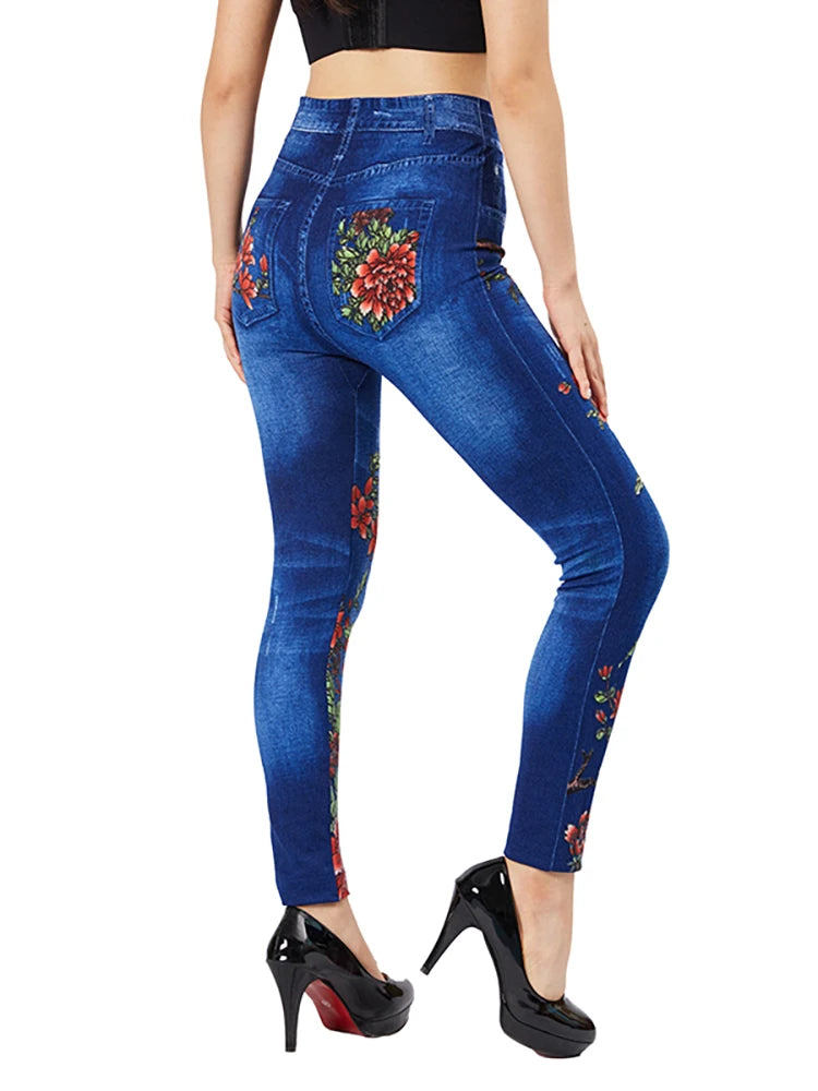 CUHAKCI Flame Flower Print Slim Fit Blue Jeggings Women's Casual  Pencil Pants Elastic Fake Pocket Jeans Workout Yoga Leggings