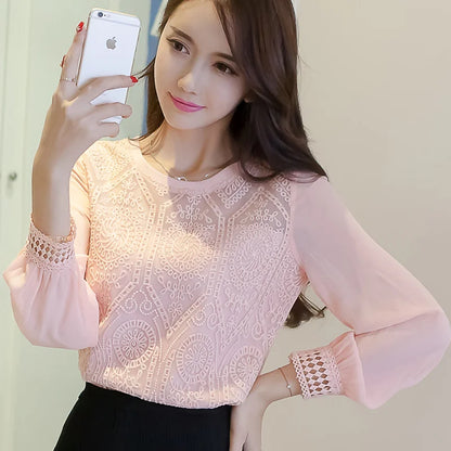 Women Autumn New Style Simplicity Solid Color Casual Office Lady Lace Chiffon Shirts Women Clothes Elegant Fashion Loose Tops