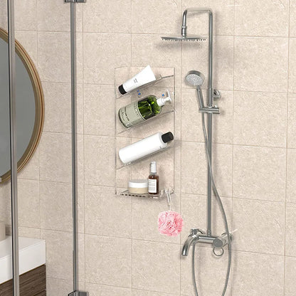 Rust Proof Wall Mounted No Drilling Adhesive Acrylic Bathroom Shower Caddy Shampoo Holder Organizer Shelf With Hooks