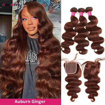 30inch Auburn Ginger Body Wave Bundles With Closure #30 Brown Bundles With Closure Colored Human Hair Bundles With Closure