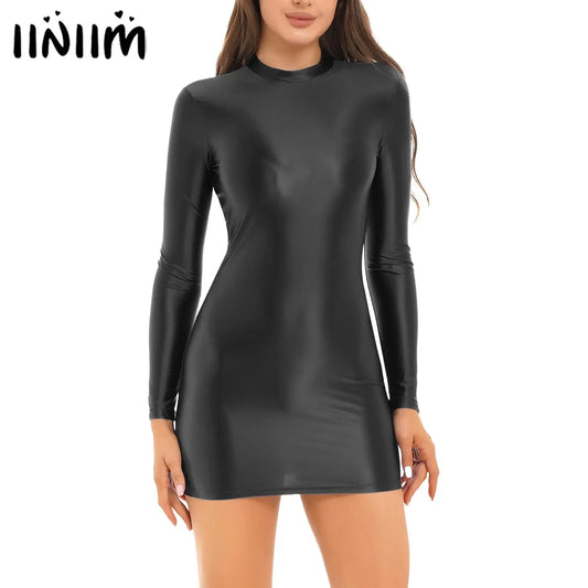 Womens Oily Shiny Glossy Elastic Tights Dress Club Wear Solid Color Stretchy Mock Neck Glossy Long Sleeve Mini Bodycon Dress