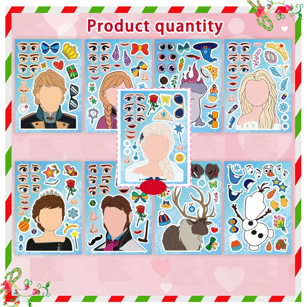 8/16sheets Disney Frozen Anime Puzzle Stickers Make Princess Elsa Anna Face Cartoon Game Kids Decal Assemble Jigsaw Children Toy