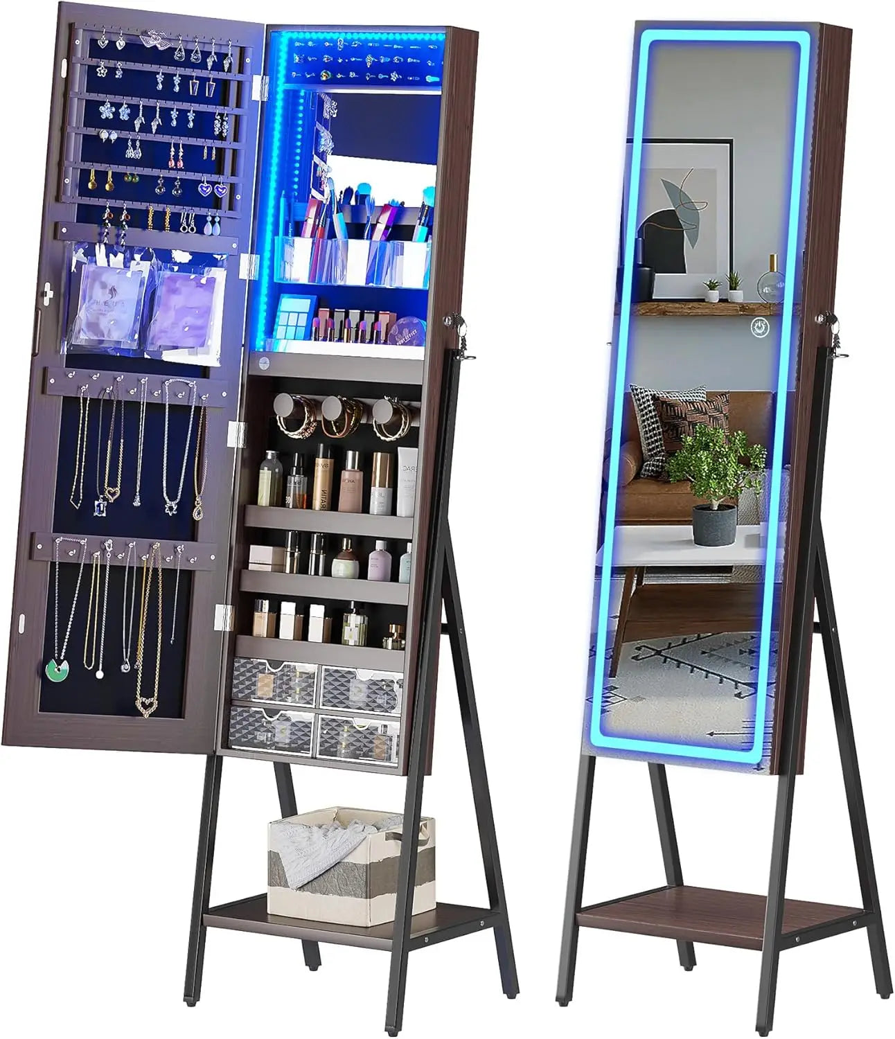 RGB LED Mirror Jewelry Cabinet,Standing Jewelry Armoire Organizer Full Length Mirror with Storage, Lockable Jewelry Mirror