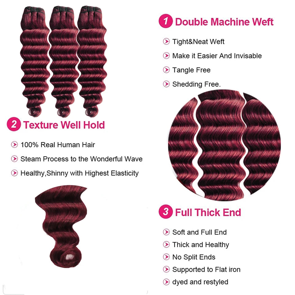 Burgundy Bundles with Closure 99j Loose Deep wave Human Hair with 4x4 lace closure Free Part  Virgin Raw Hair Extensions