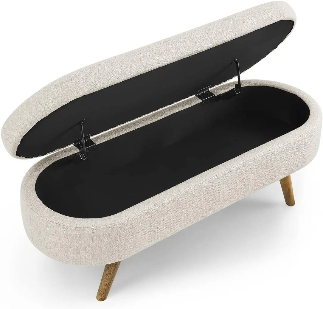 Oval Storage Bench 43.5" Linen Fabric Upholstered Entryway with Solid Wood Legs Ottoman Indoor