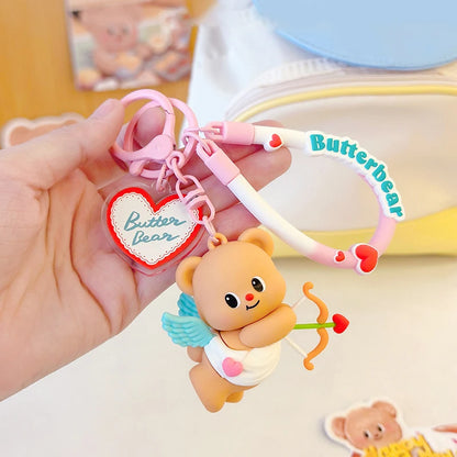 Cartoon Butter Bear Keychain Cute Anime PVC Bear Keyring Toys For Women Girls Cupid Dolls Pendant Bag Accessories Couple Gift