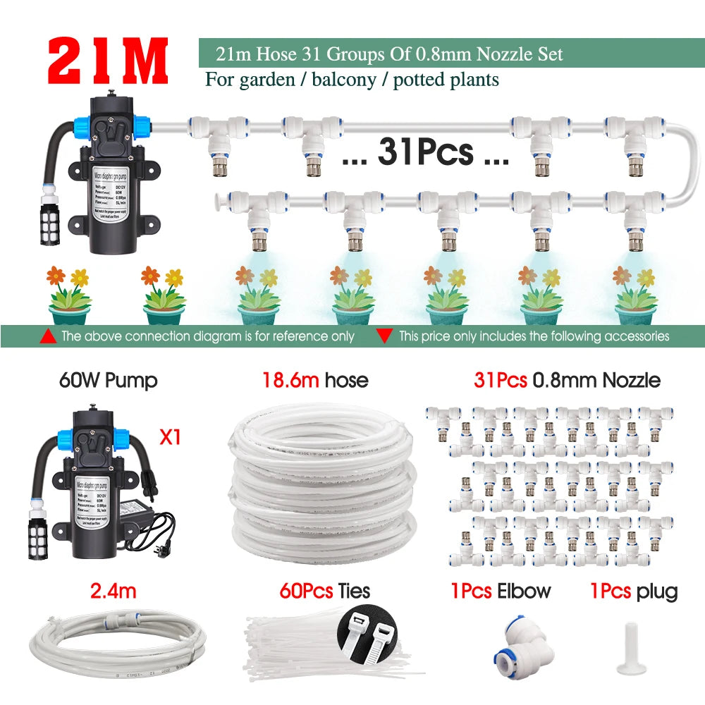 White 1/4" PE Hose 0.8mm 60W Self-Priming Pump Garden Misting Watering Irrigation Kits System Greenhouse Timer Automatic Sprayer