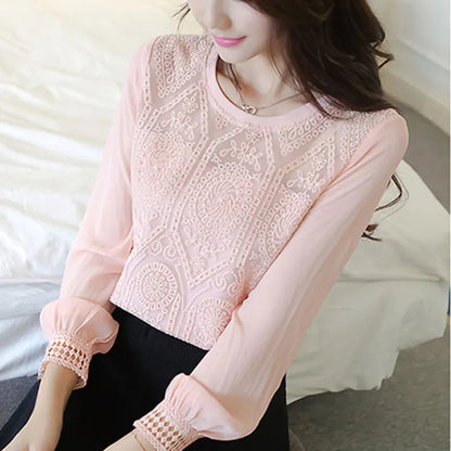 Women Autumn New Style Simplicity Solid Color Casual Office Lady Lace Chiffon Shirts Women Clothes Elegant Fashion Loose Tops