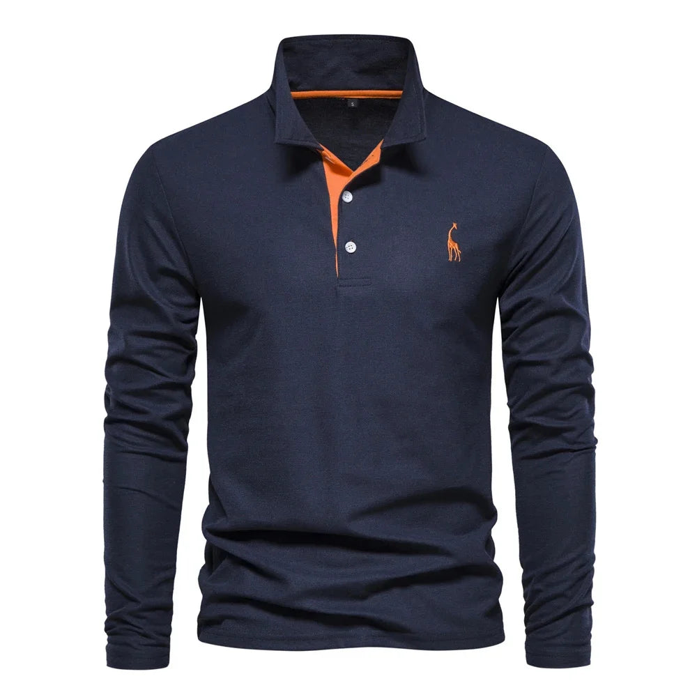 AIOPESON 2023 New Men's Deer Embroidery Polo Shirts Solid Color Long Sleeve Social Business Male