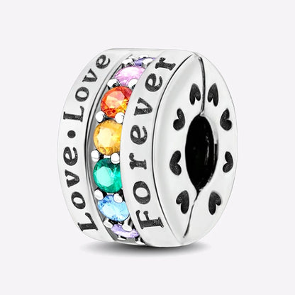 925 Sterling Silver Love Heart  Round Multi Colored Stone Bead Fit Bracelet Charms Beads For Women DIY Personalized Jewelry