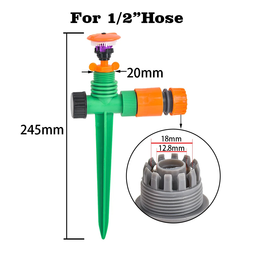 360-Degree Rotating Garden Sprinkler with Support - 1/2" Thread, Ideal for Lawns & Gardens, Durable Plastic, Watering & Irrigati