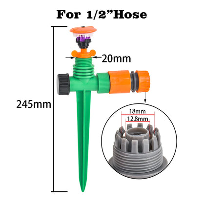 360-Degree Rotating Garden Sprinkler with Support - 1/2" Thread, Ideal for Lawns & Gardens, Durable Plastic, Watering & Irrigati