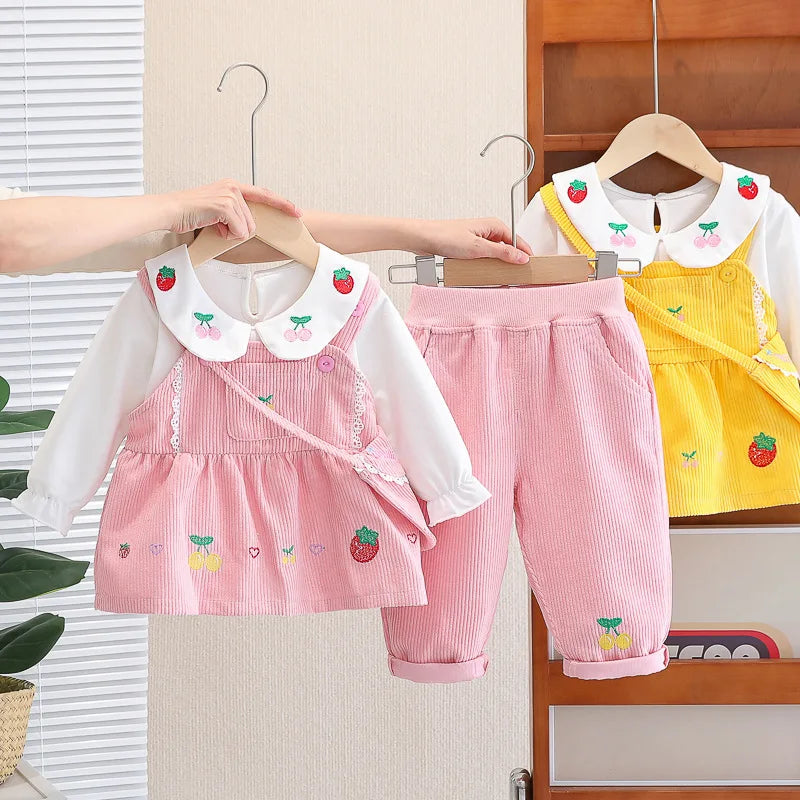 Kids Baby Girl Boutique Clothes 2024 Spring Fruit Suspender Skirts + White T-shirts + Pants Toddler Girls Outfits Children's Set