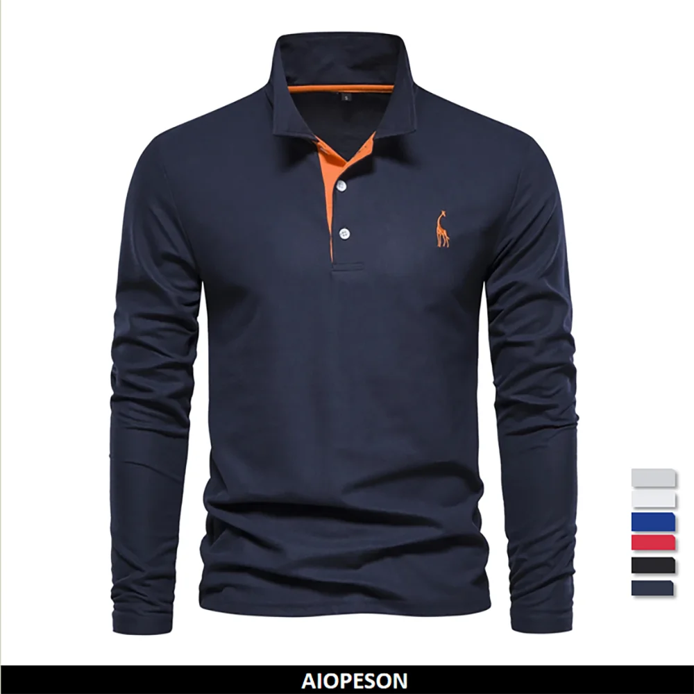 AIOPESON 2023 New Men's Deer Embroidery Polo Shirts Solid Color Long Sleeve Social Business Male