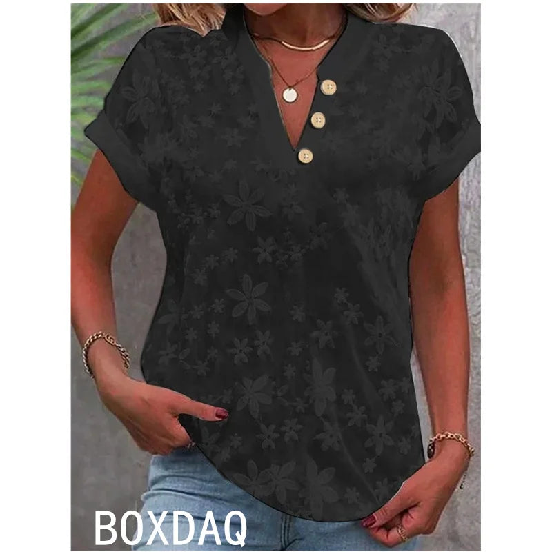 Fashion Women Beach Party Simple Shirt Fashion Solid Color V-neck Short Sleeved Casual Blouse Tops Summer New Office Lady Blouse