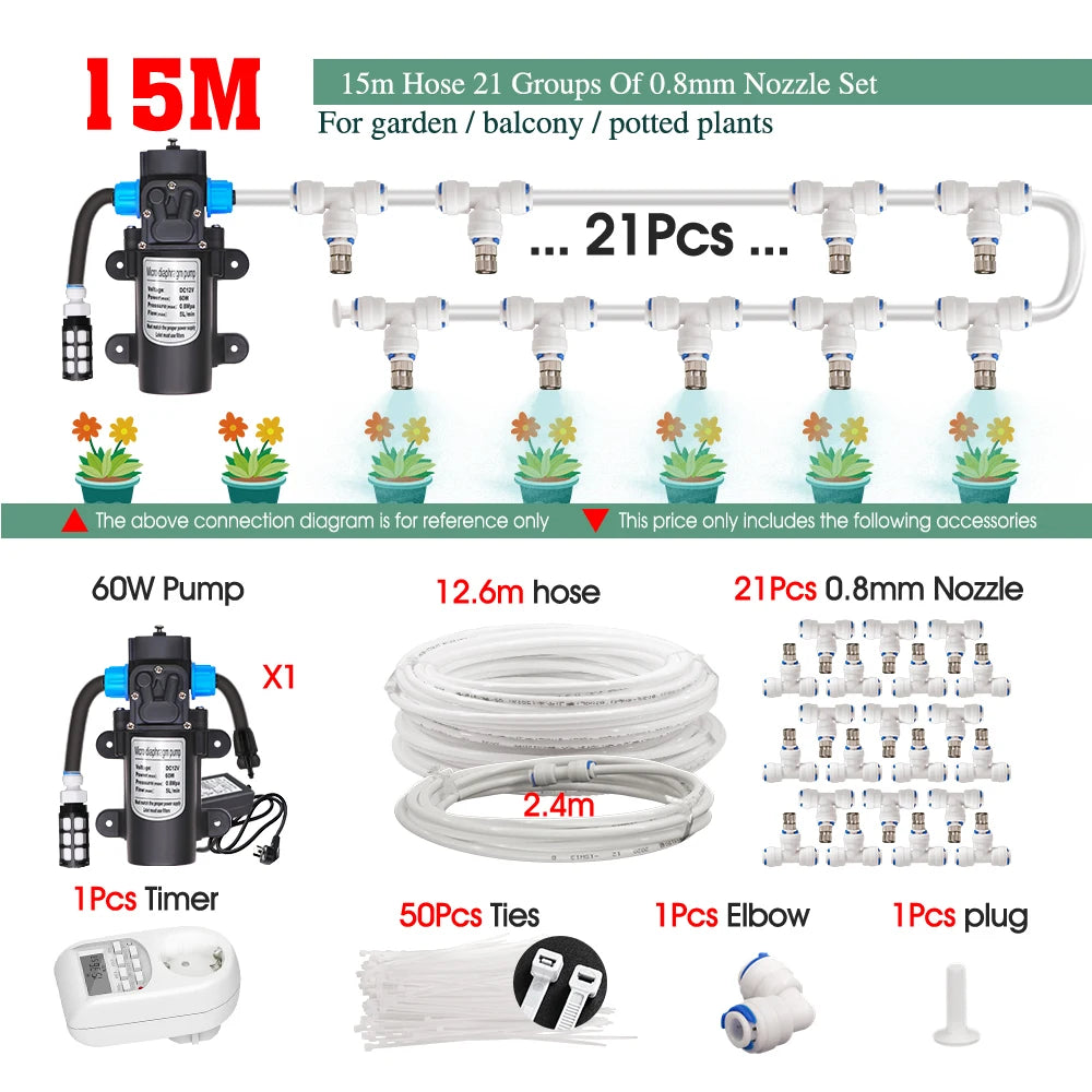 White 1/4" PE Hose 0.8mm 60W Self-Priming Pump Garden Misting Watering Irrigation Kits System Greenhouse Timer Automatic Sprayer