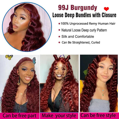 Burgundy Bundles with Closure 99j Loose Deep wave Human Hair with 4x4 lace closure Free Part  Virgin Raw Hair Extensions