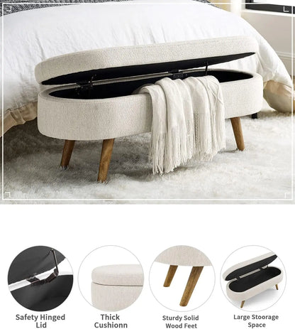 Oval Storage Bench 43.5" Linen Fabric Upholstered Entryway with Solid Wood Legs Ottoman Indoor