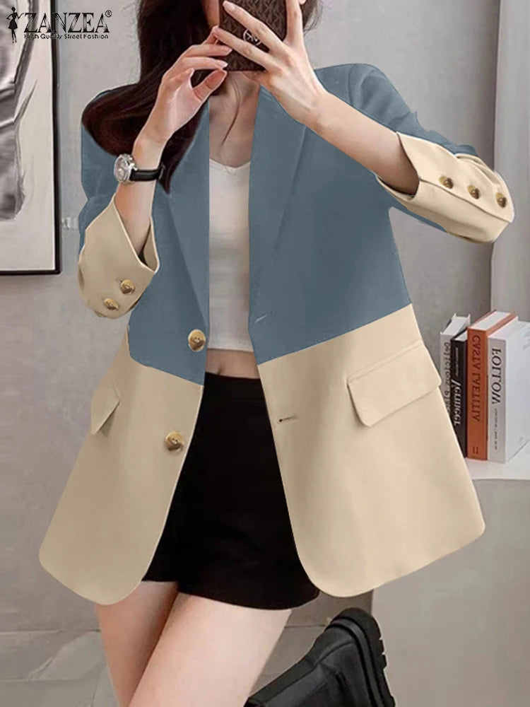 Fashion Women Blazer ZANZEA Autumn Elegant OL Work Suits Stylish Long Sleeve Contrast Color Jackets Casual Officewear Blazer